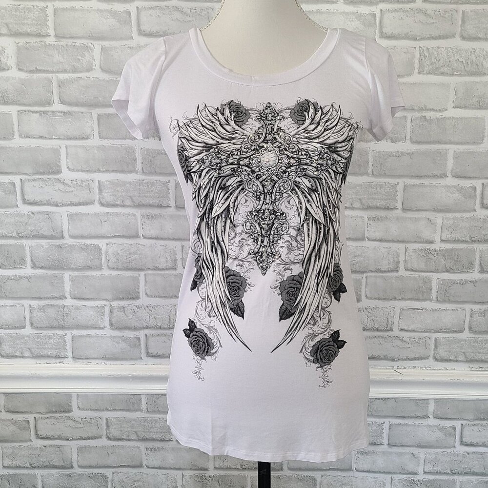 Vintage Made in USA Graphic T-shirt Wings Roses Cross Goth Streetwear Sequined L